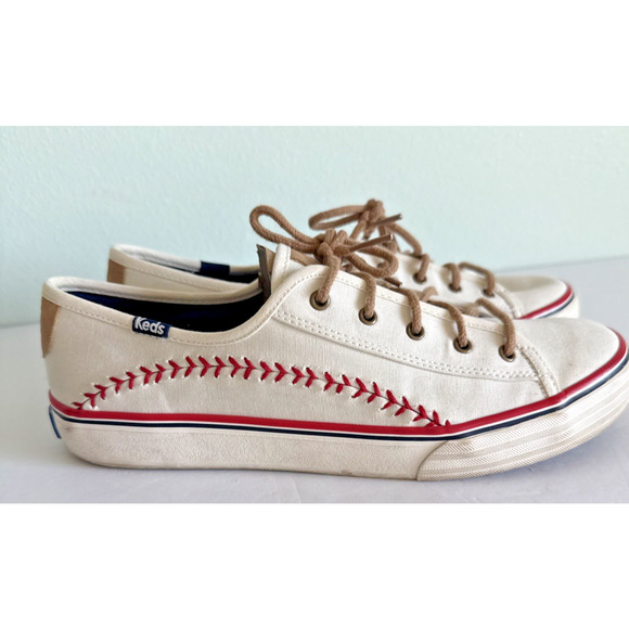 Keds Championship Series Canvas Sneakers Baseball White Shoes Red Stitch SZ 8.5 - Picture 1 of 7